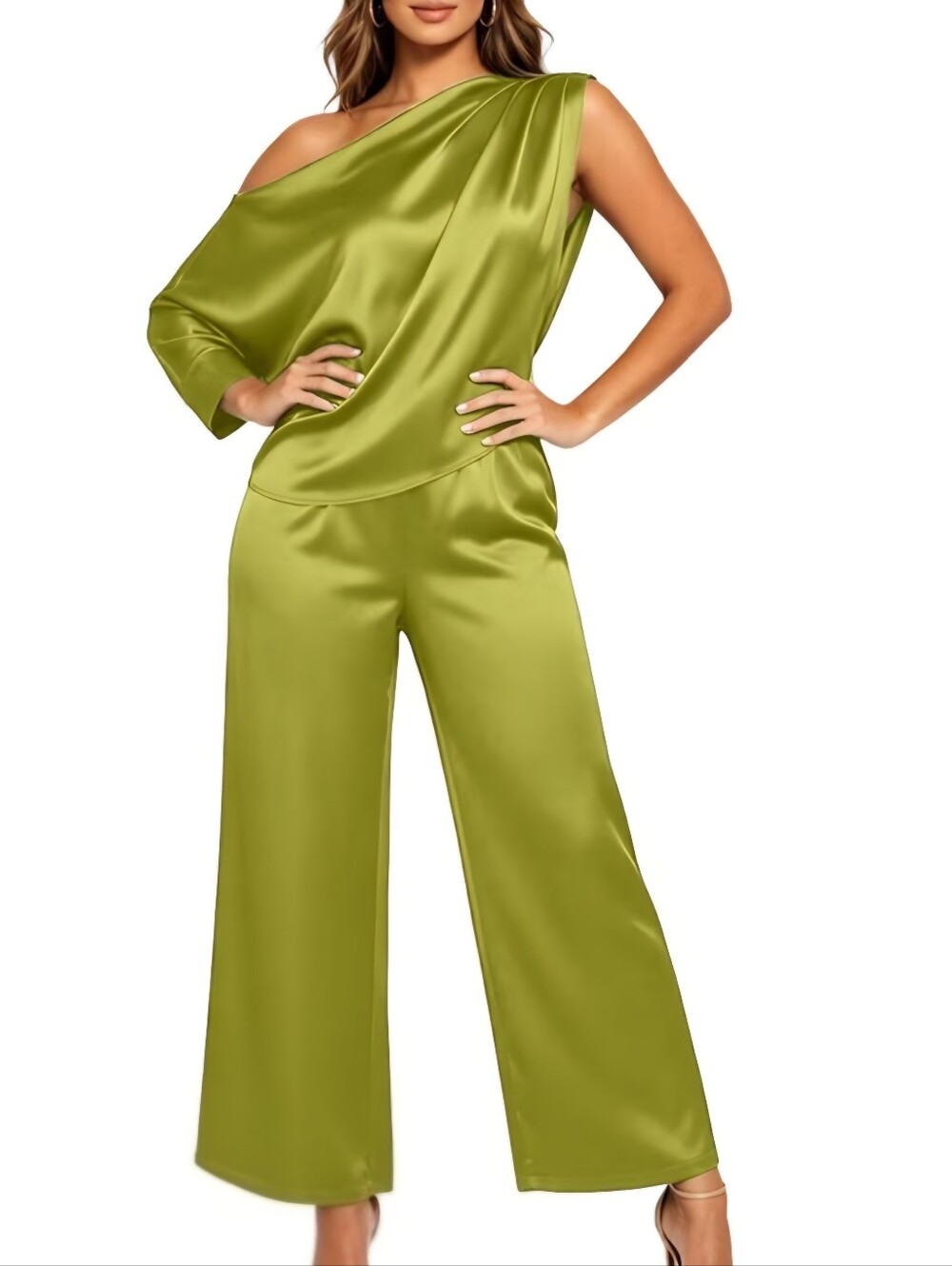 Green Polyester Wide-Leg Set